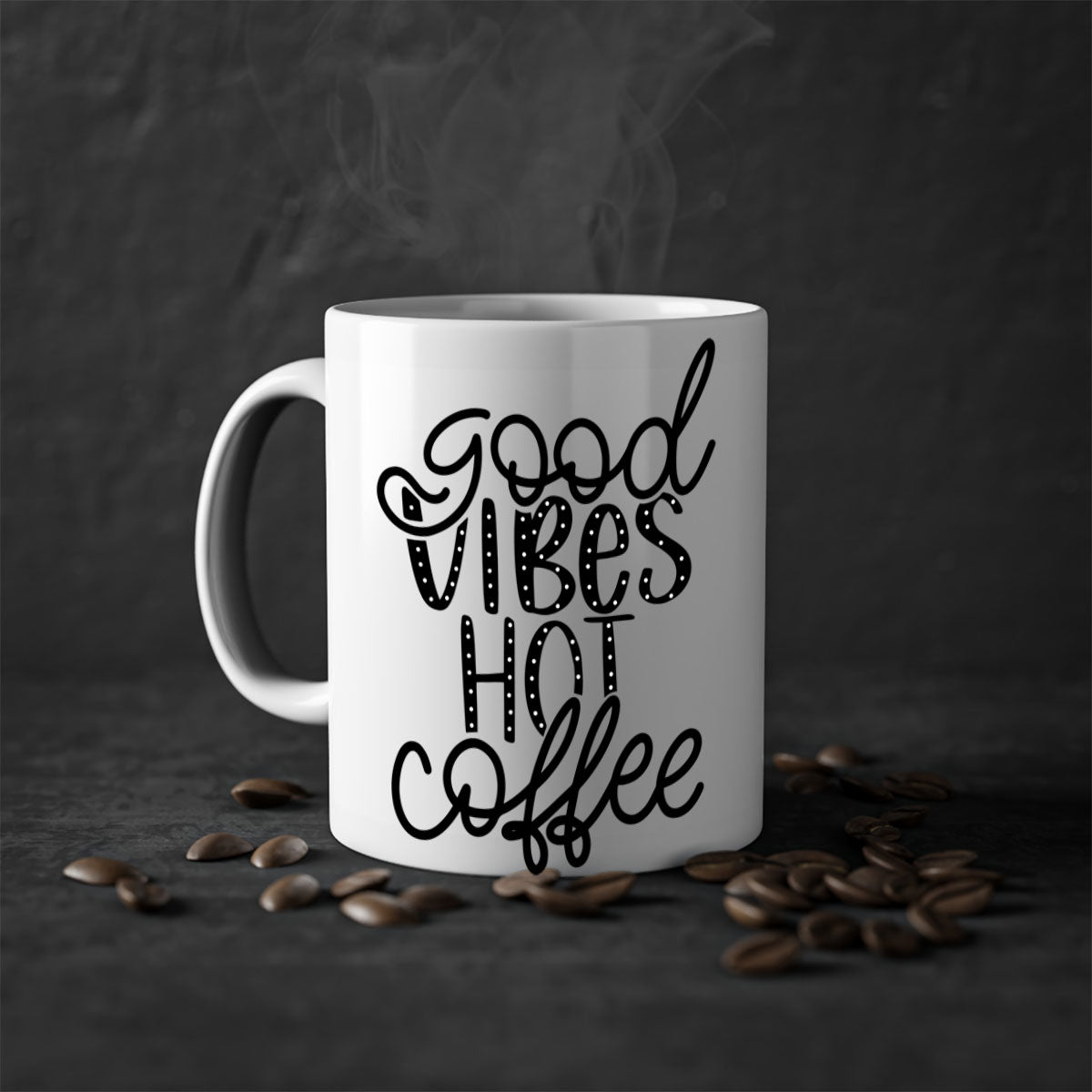 Good Vibes Hot Coffee Mug in five vibrant colors with a glossy finish and easy-grip handle.