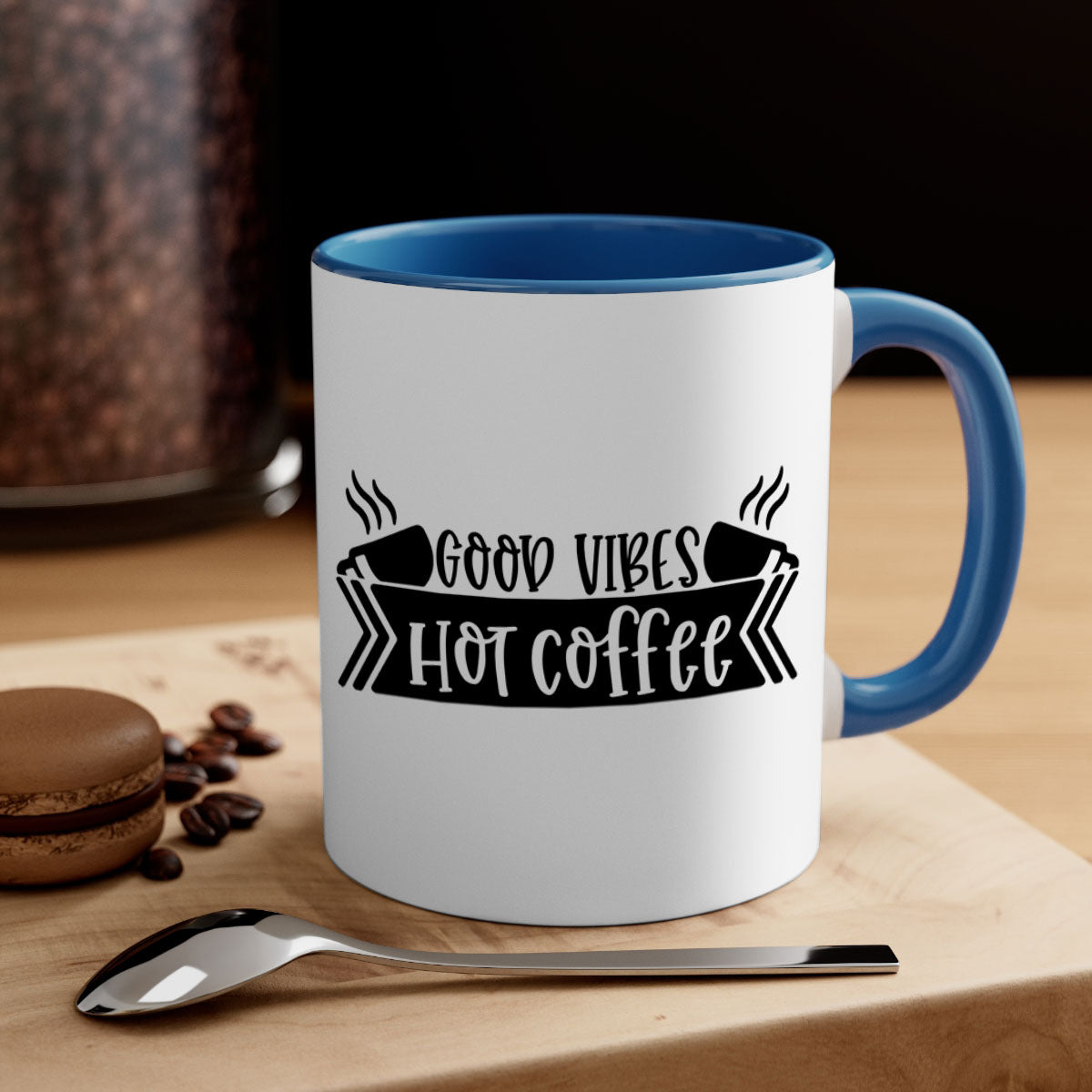 Good Vibes Hot Coffee Mug in five vibrant colors with a glossy finish and easy-grip handle.