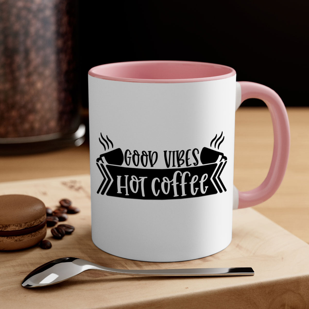 Good Vibes Hot Coffee Mug in five vibrant colors with a glossy finish and easy-grip handle.