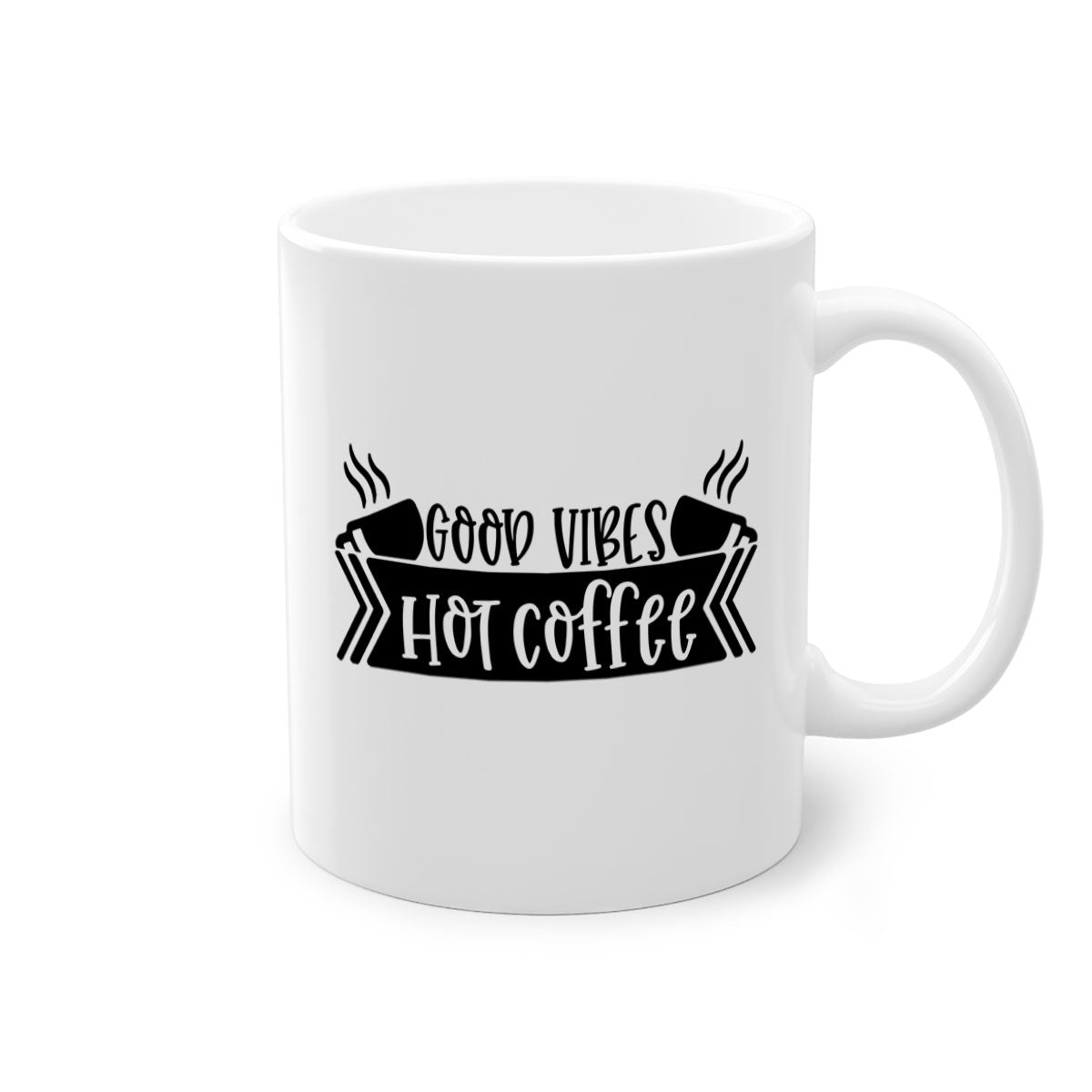 Good Vibes Hot Coffee Mug in five vibrant colors with a glossy finish and easy-grip handle.