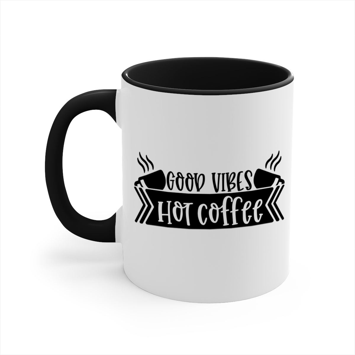 Good Vibes Hot Coffee Mug in five vibrant colors with a glossy finish and easy-grip handle.