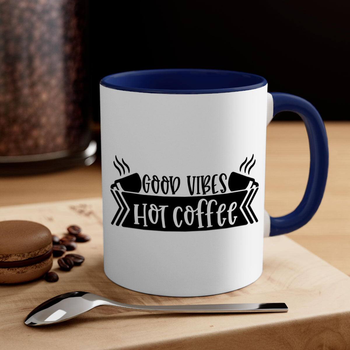 Good Vibes Hot Coffee Mug in five vibrant colors with a glossy finish and easy-grip handle.