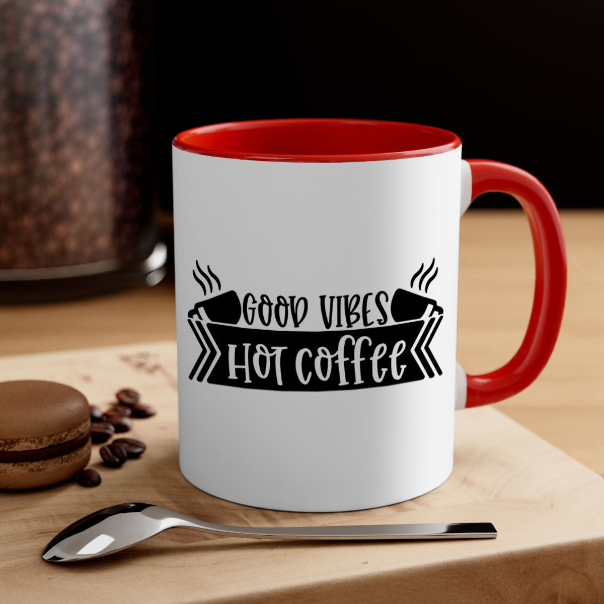 Good Vibes Hot Coffee Mug in five vibrant colors with a glossy finish and easy-grip handle.