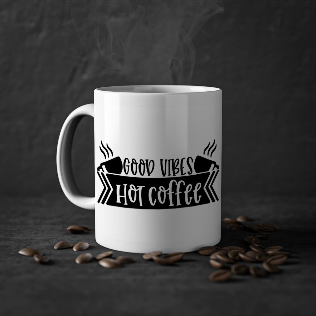 Good Vibes Hot Coffee Mug in five vibrant colors with a glossy finish and easy-grip handle.