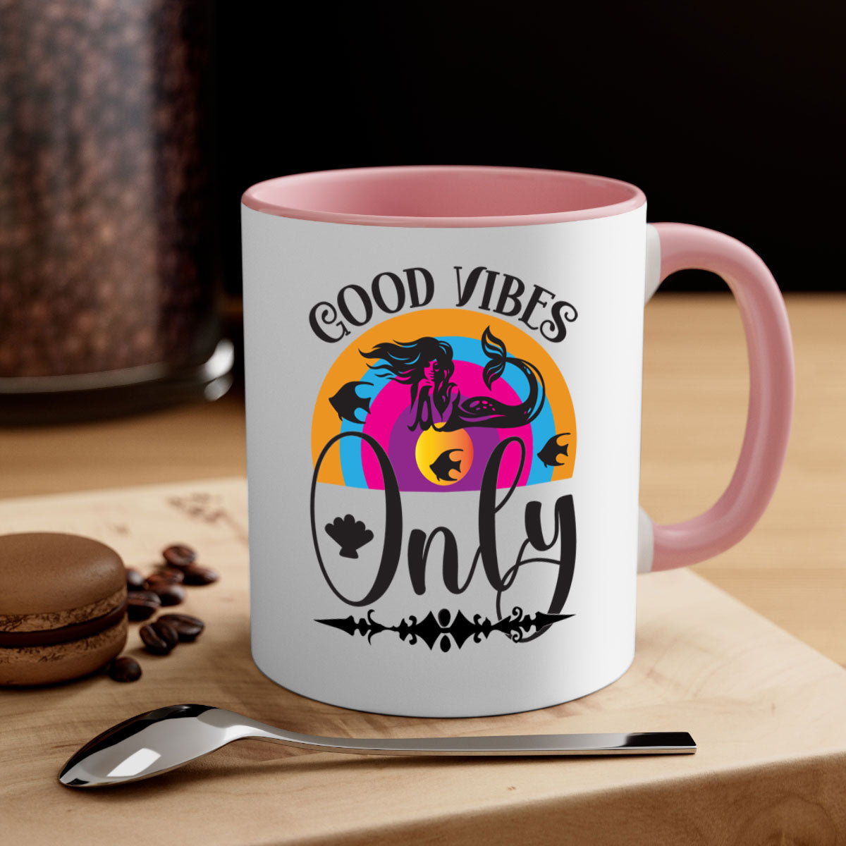 Good Vibes Only 199# Mermaid Mug with colorful handle and interior, showcasing a glossy finish.