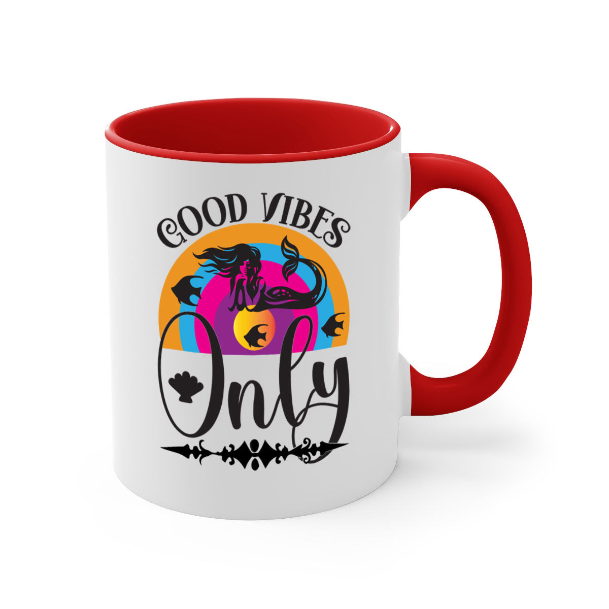 Good Vibes Only 199# Mermaid Mug with colorful handle and interior, showcasing a glossy finish.