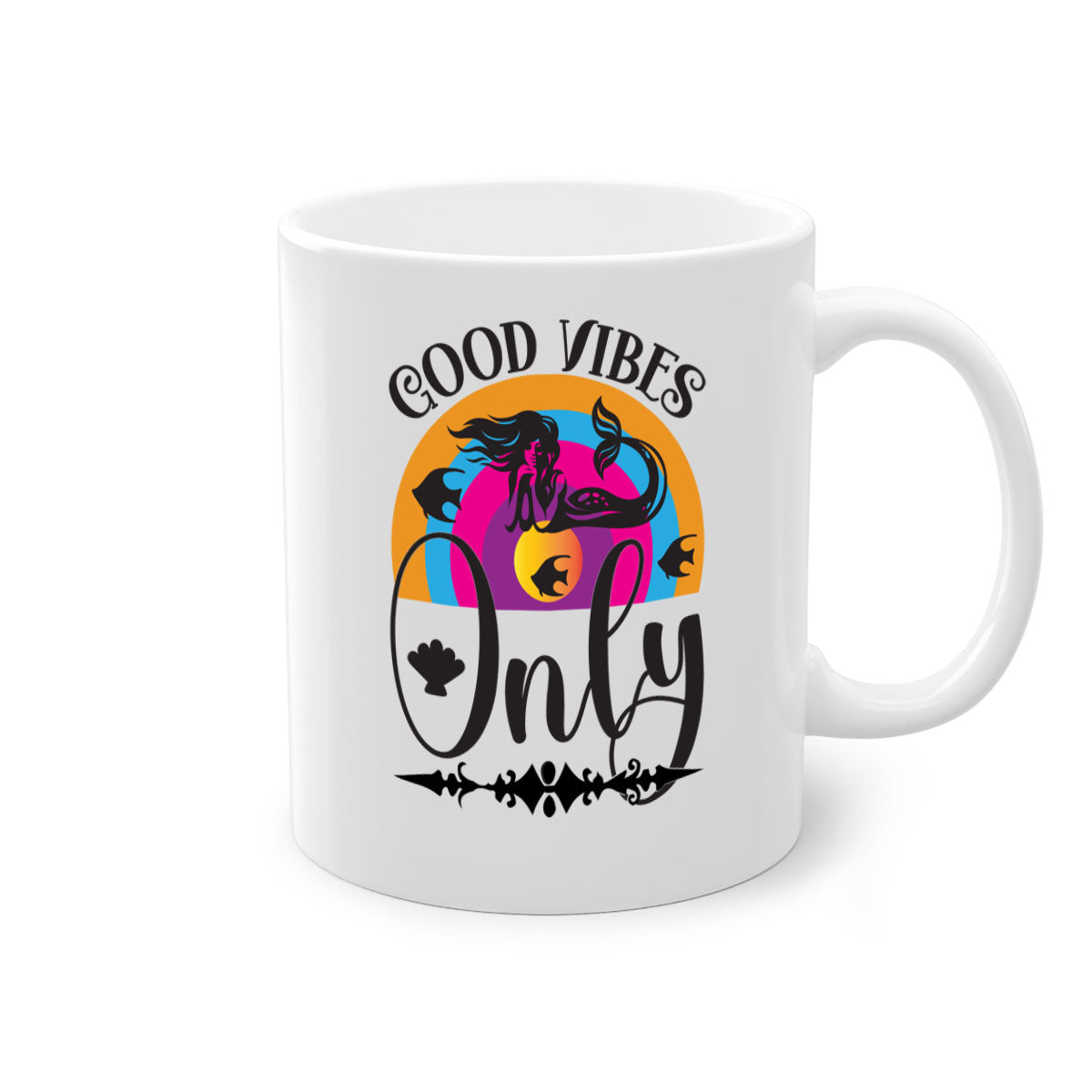 Good Vibes Only 199# Mermaid Mug with colorful handle and interior, showcasing a glossy finish.