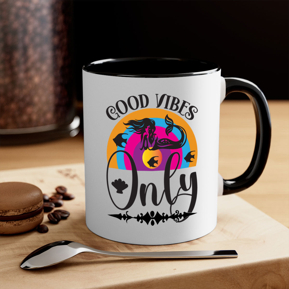 Good Vibes Only 199# Mermaid Mug with colorful handle and interior, showcasing a glossy finish.