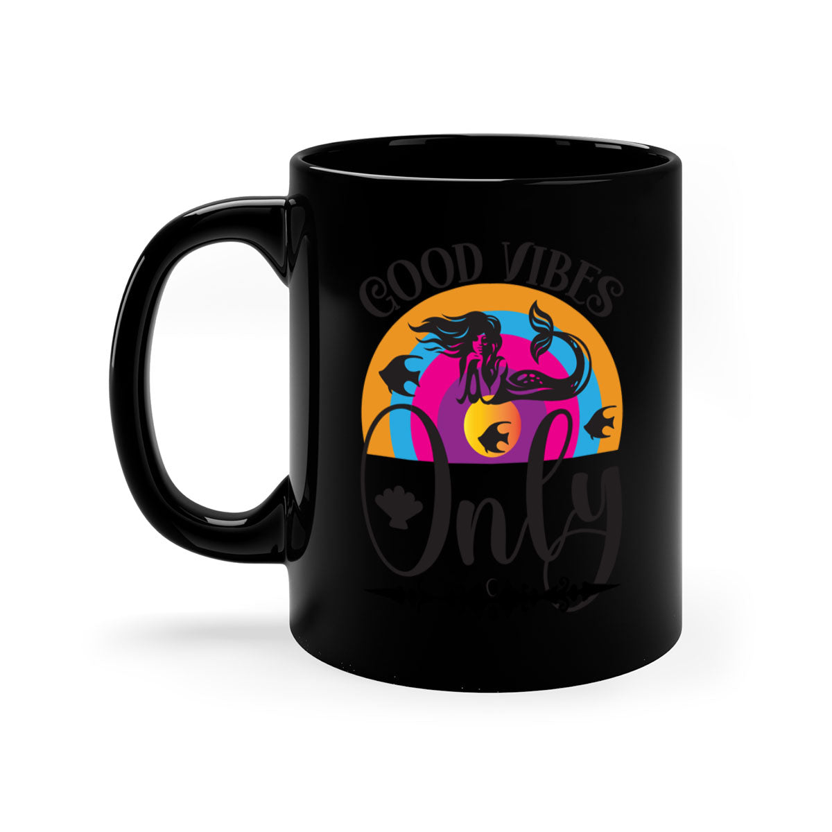 Good Vibes Only 199# Mermaid Mug with colorful handle and interior, showcasing a glossy finish.