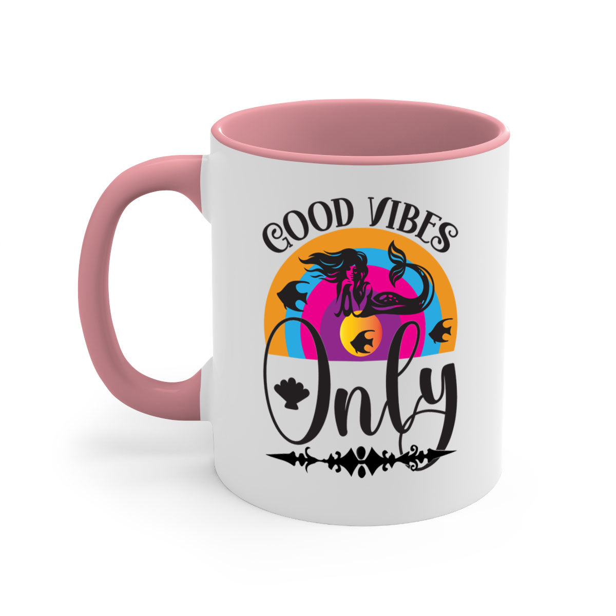Good Vibes Only 199# Mermaid Mug with colorful handle and interior, showcasing a glossy finish.