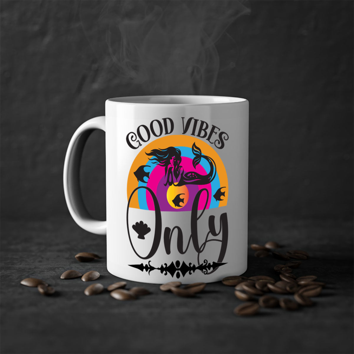 Good Vibes Only 199# Mermaid Mug with colorful handle and interior, showcasing a glossy finish.