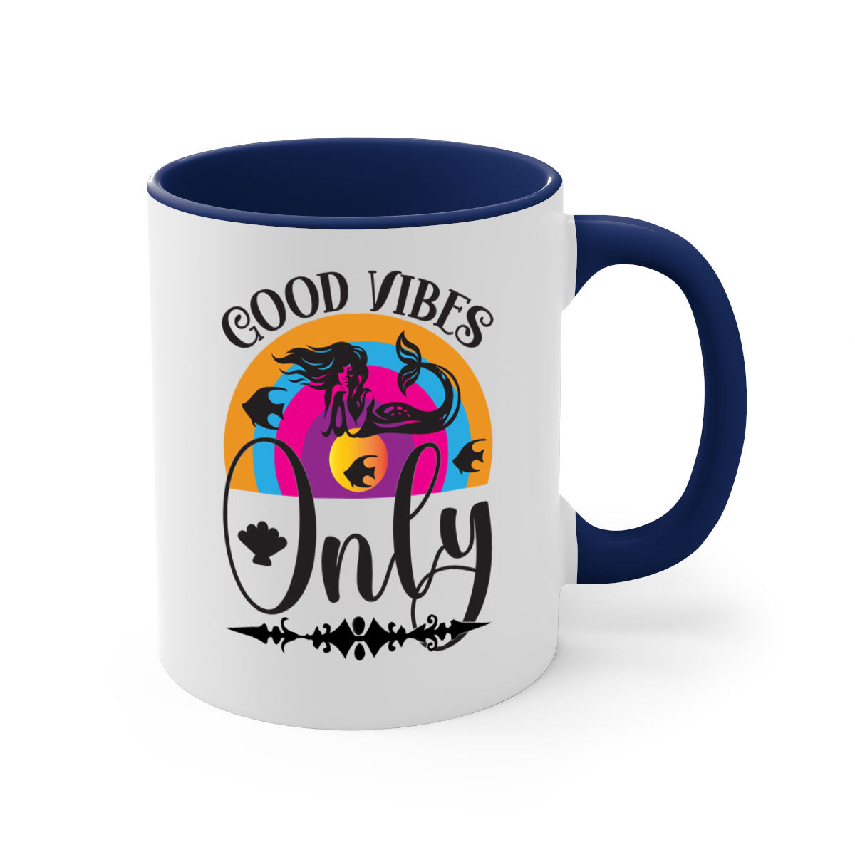 Good Vibes Only 199# Mermaid Mug with colorful handle and interior, showcasing a glossy finish.