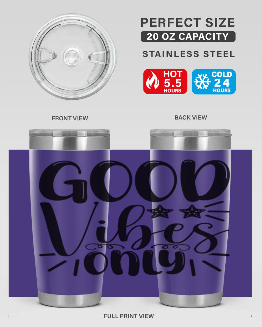Good Vibes Only 197# Mermaid Tumbler in vibrant colors, showcasing its double wall vacuum design and drink-thru lid.