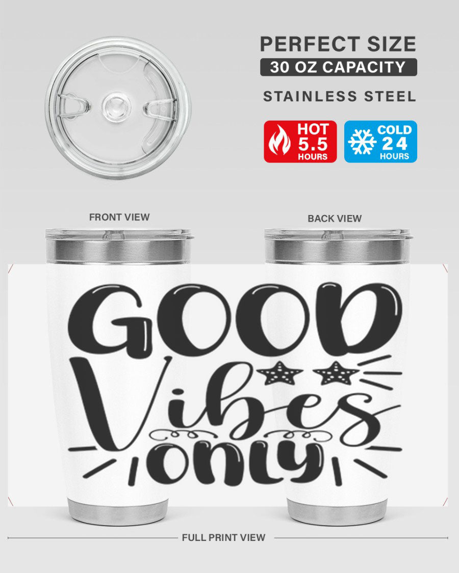 Good Vibes Only 197# Mermaid Tumbler in vibrant colors, showcasing its double wall vacuum design and drink-thru lid.