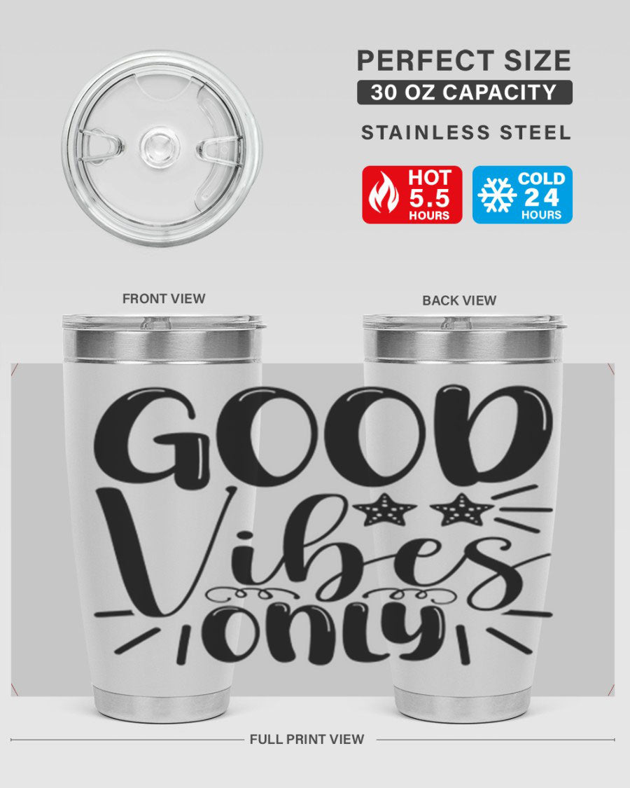 Good Vibes Only 197# Mermaid Tumbler in vibrant colors, showcasing its double wall vacuum design and drink-thru lid.