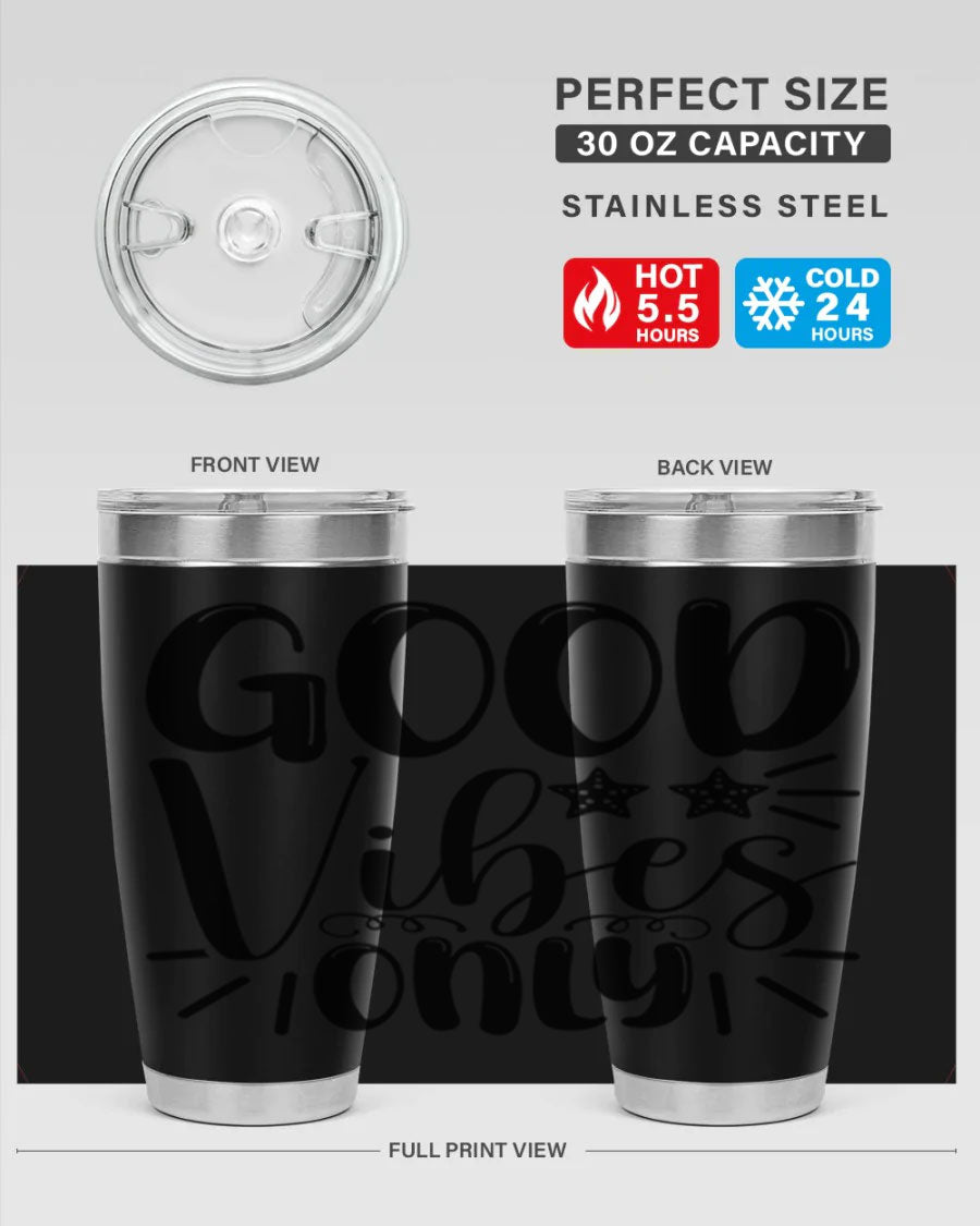 Good Vibes Only 197# Mermaid Tumbler in vibrant colors, showcasing its double wall vacuum design and drink-thru lid.