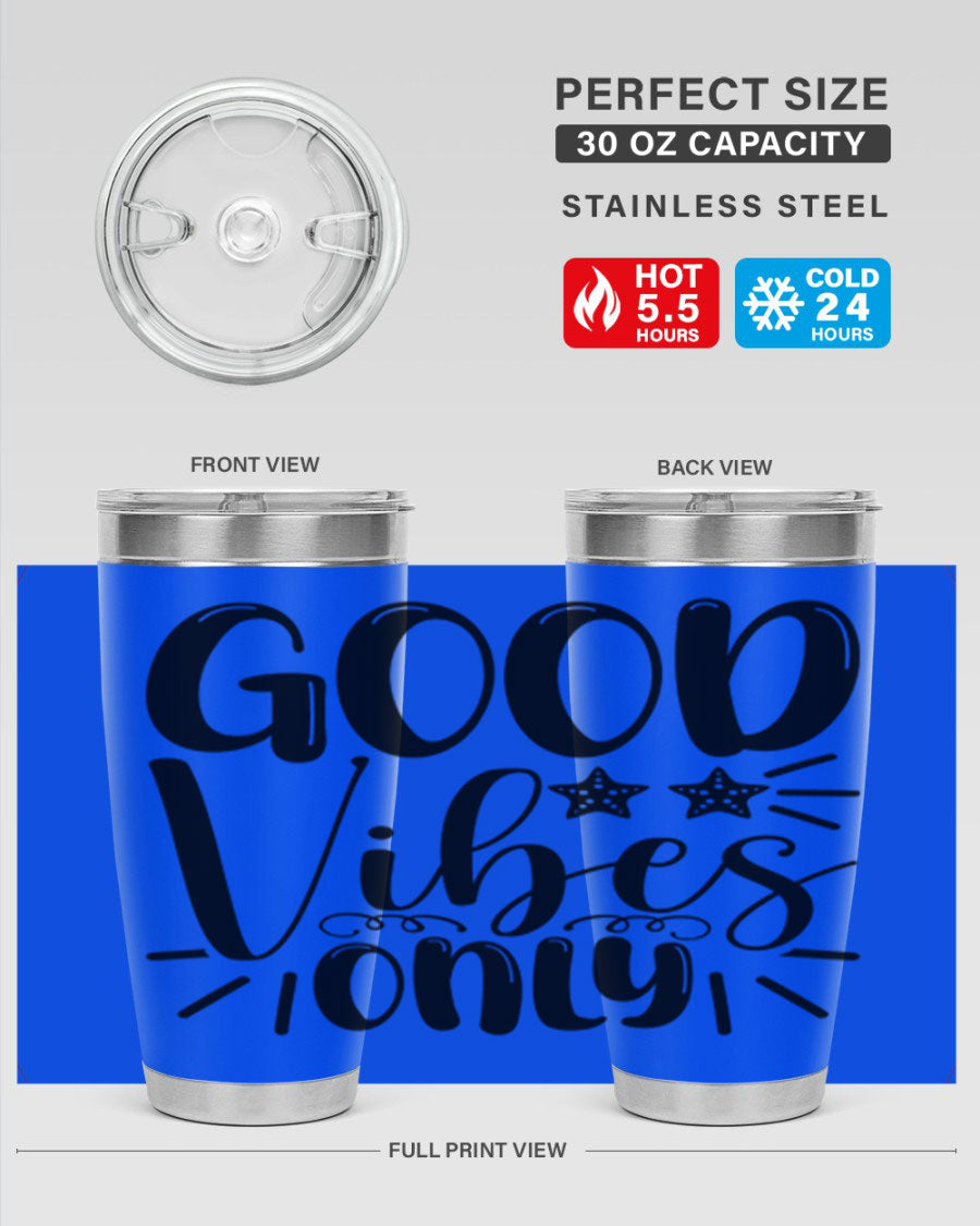 Good Vibes Only 197# Mermaid Tumbler in vibrant colors, showcasing its double wall vacuum design and drink-thru lid.