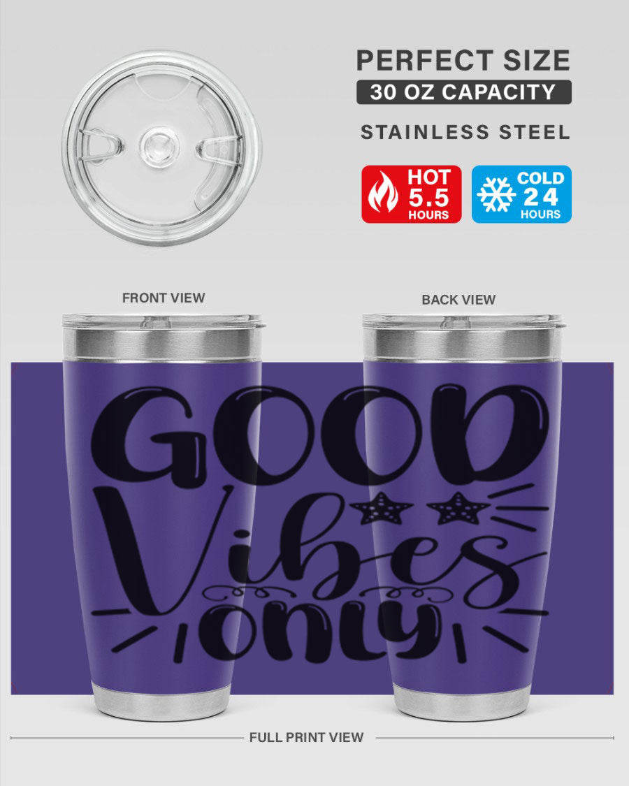 Good Vibes Only 197# Mermaid Tumbler in vibrant colors, showcasing its double wall vacuum design and drink-thru lid.