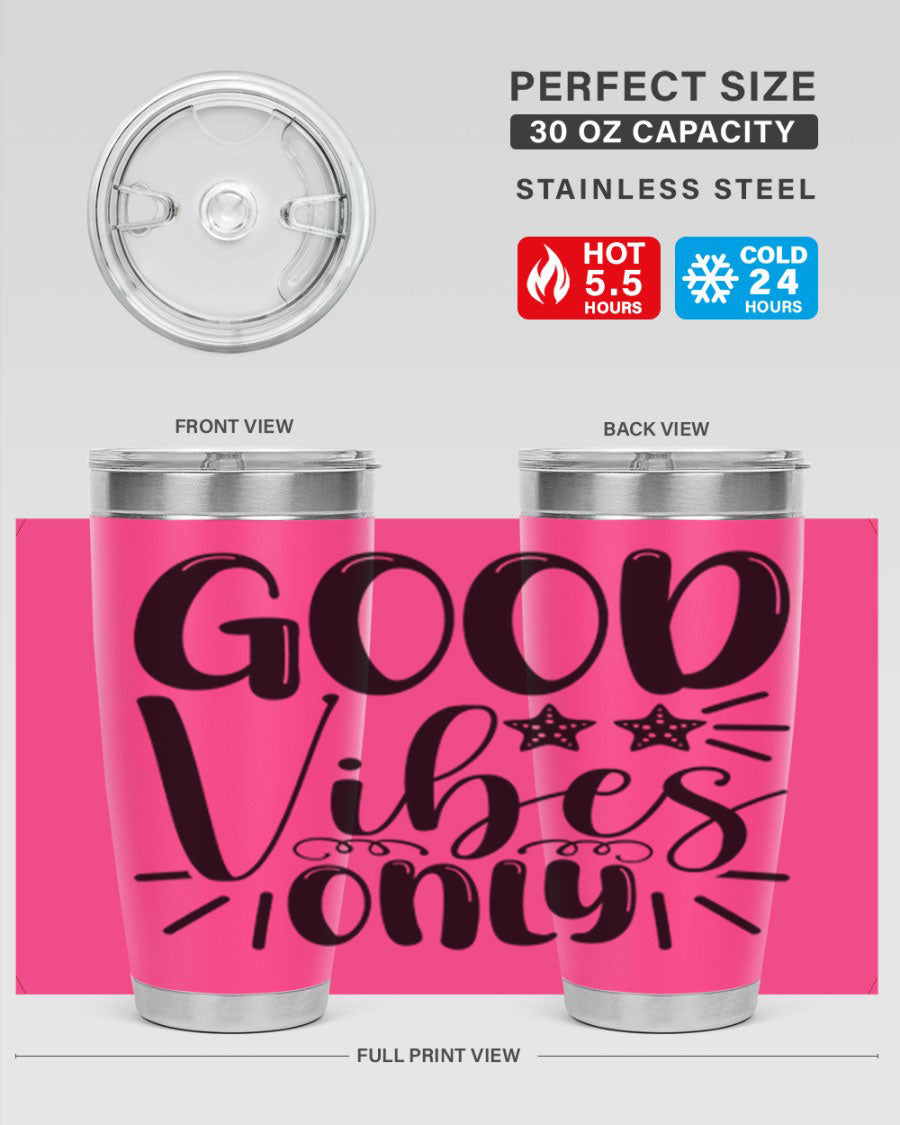 Good Vibes Only 197# Mermaid Tumbler in vibrant colors, showcasing its double wall vacuum design and drink-thru lid.