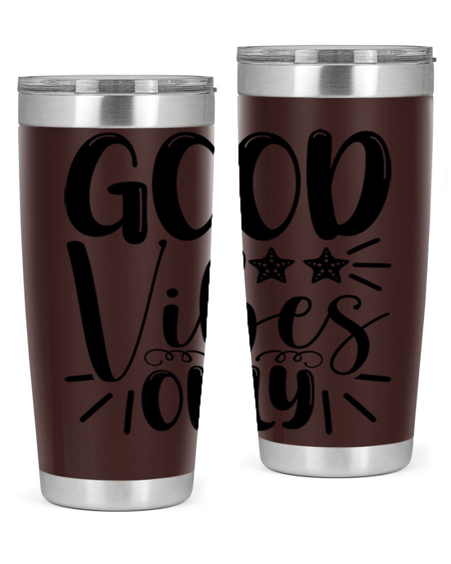Good Vibes Only 197# Mermaid Tumbler in vibrant colors, showcasing its double wall vacuum design and drink-thru lid.