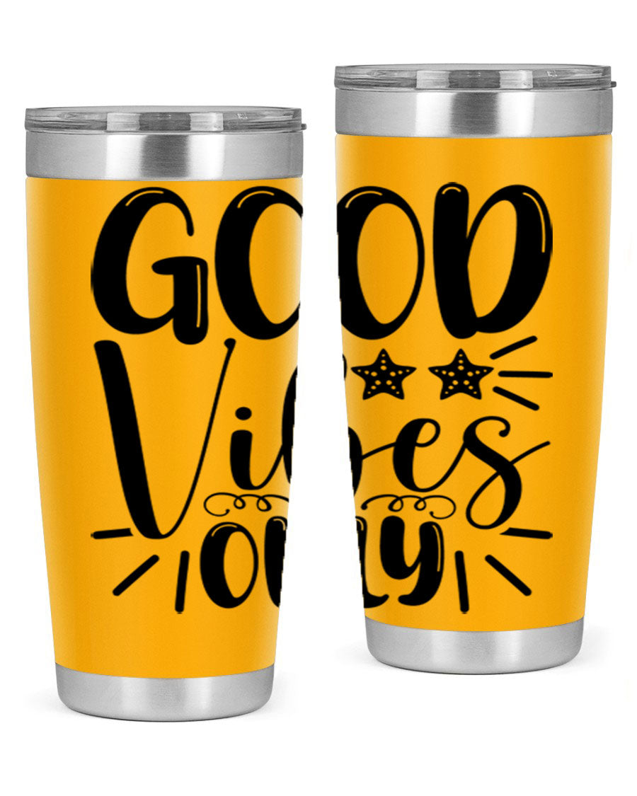 Good Vibes Only 197# Mermaid Tumbler in vibrant colors, showcasing its double wall vacuum design and drink-thru lid.