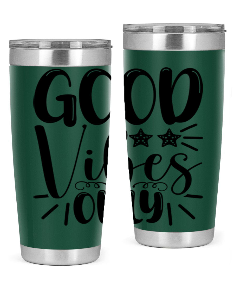 Good Vibes Only 197# Mermaid Tumbler in vibrant colors, showcasing its double wall vacuum design and drink-thru lid.