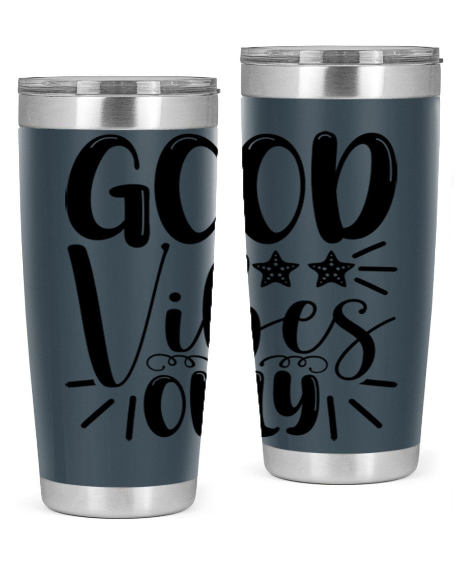 Good Vibes Only 197# Mermaid Tumbler in vibrant colors, showcasing its double wall vacuum design and drink-thru lid.