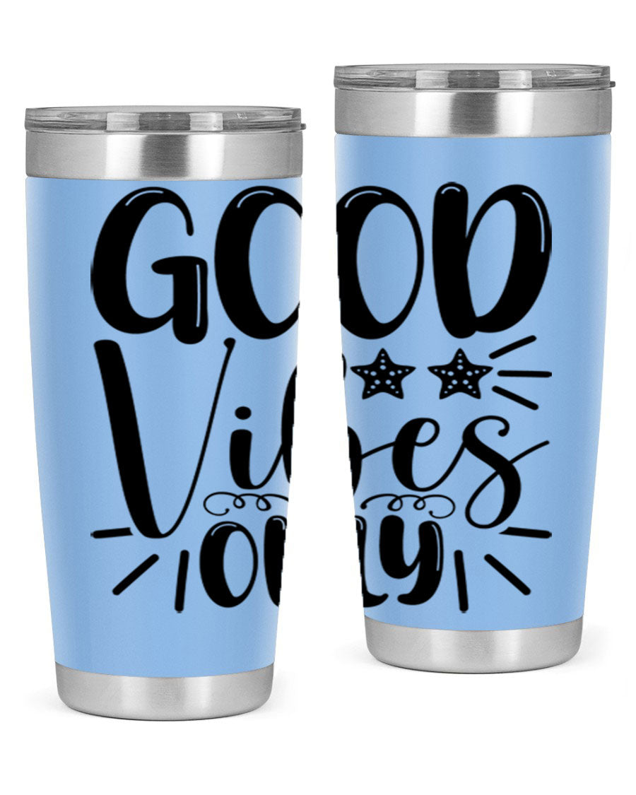 Good Vibes Only 197# Mermaid Tumbler in vibrant colors, showcasing its double wall vacuum design and drink-thru lid.