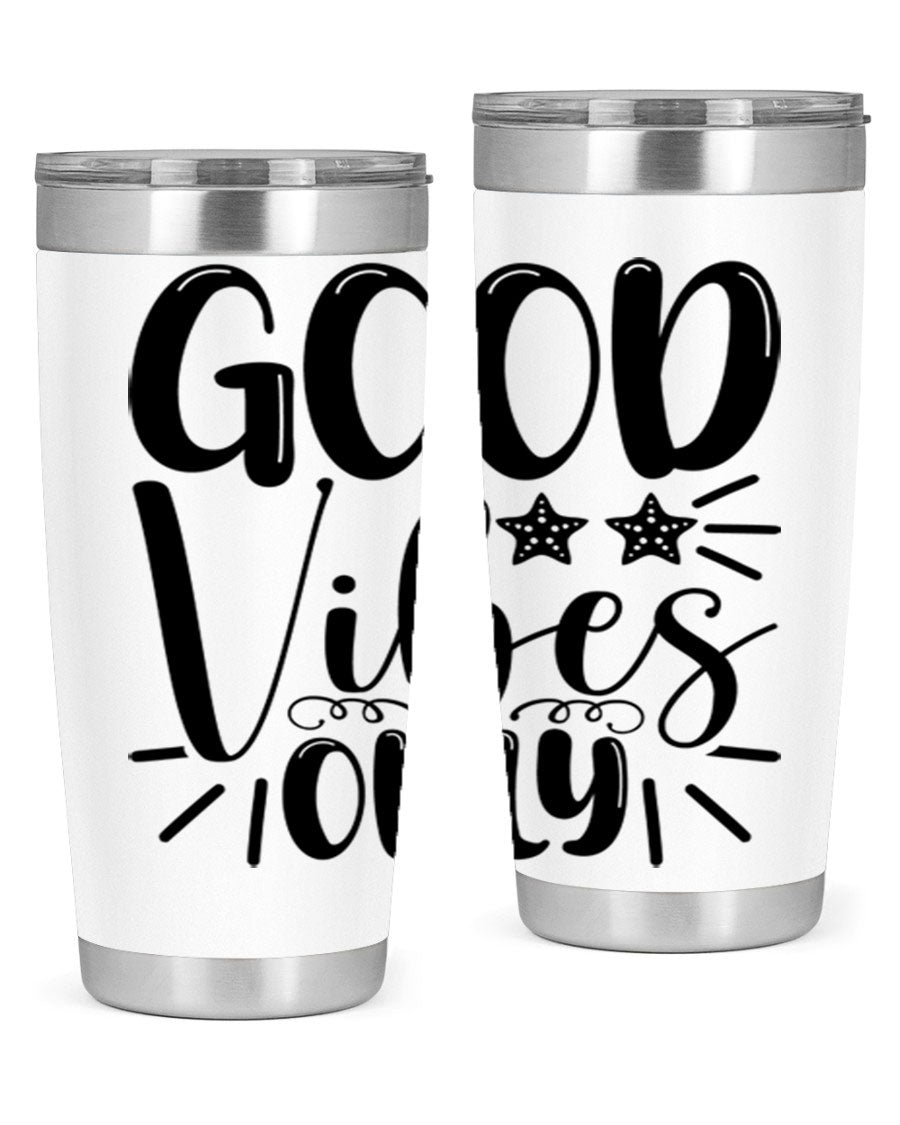 Good Vibes Only 197# Mermaid Tumbler in vibrant colors, showcasing its double wall vacuum design and drink-thru lid.