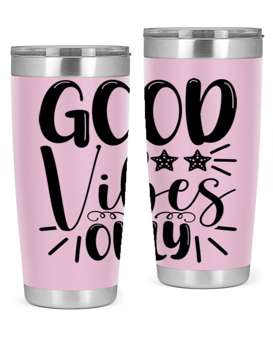 Good Vibes Only 197# Mermaid Tumbler in vibrant colors, showcasing its double wall vacuum design and drink-thru lid.