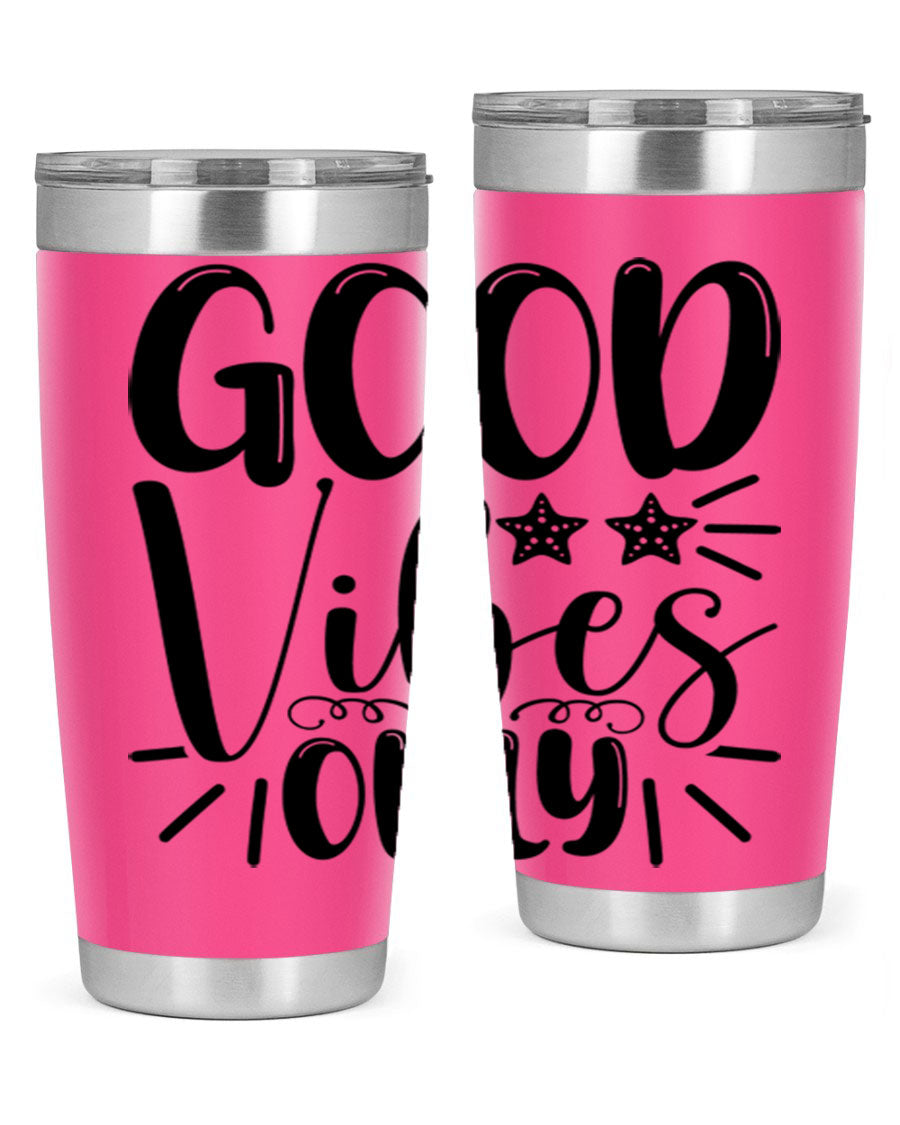 Good Vibes Only 197# Mermaid Tumbler in vibrant colors, showcasing its double wall vacuum design and drink-thru lid.
