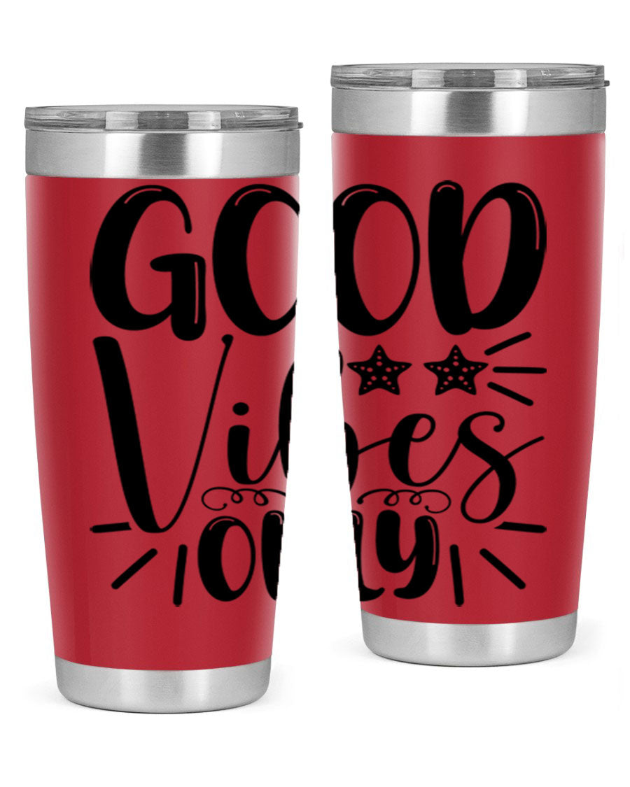 Good Vibes Only 197# Mermaid Tumbler in vibrant colors, showcasing its double wall vacuum design and drink-thru lid.