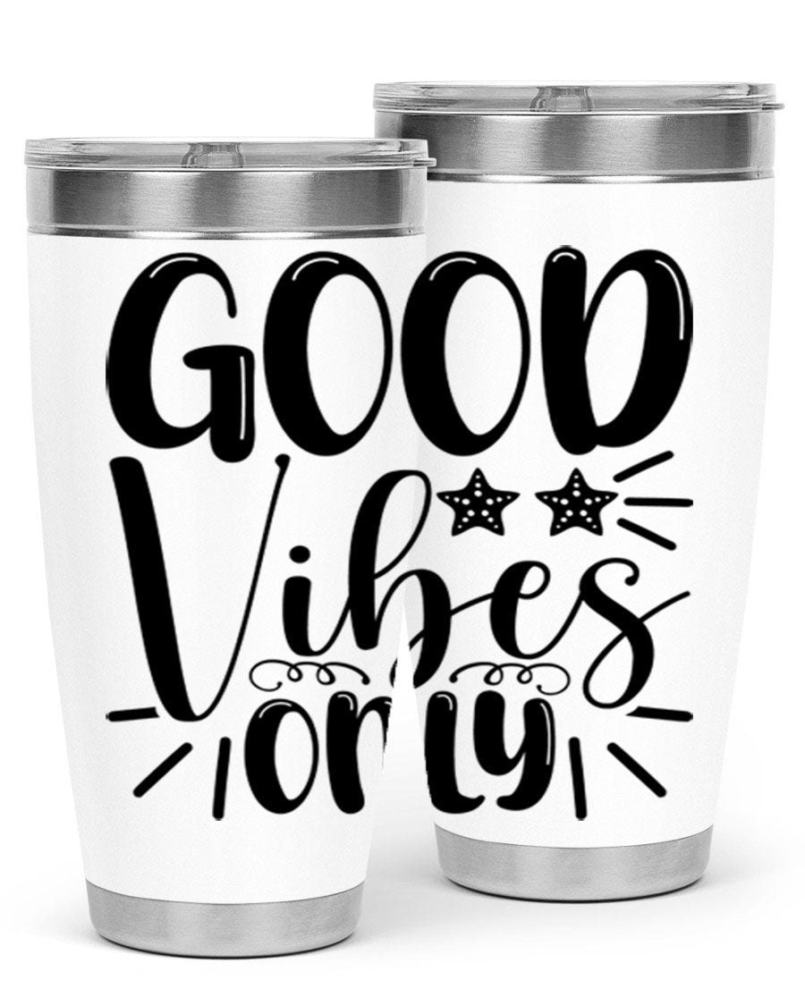 Good Vibes Only 197# Mermaid Tumbler in vibrant colors, showcasing its double wall vacuum design and drink-thru lid.