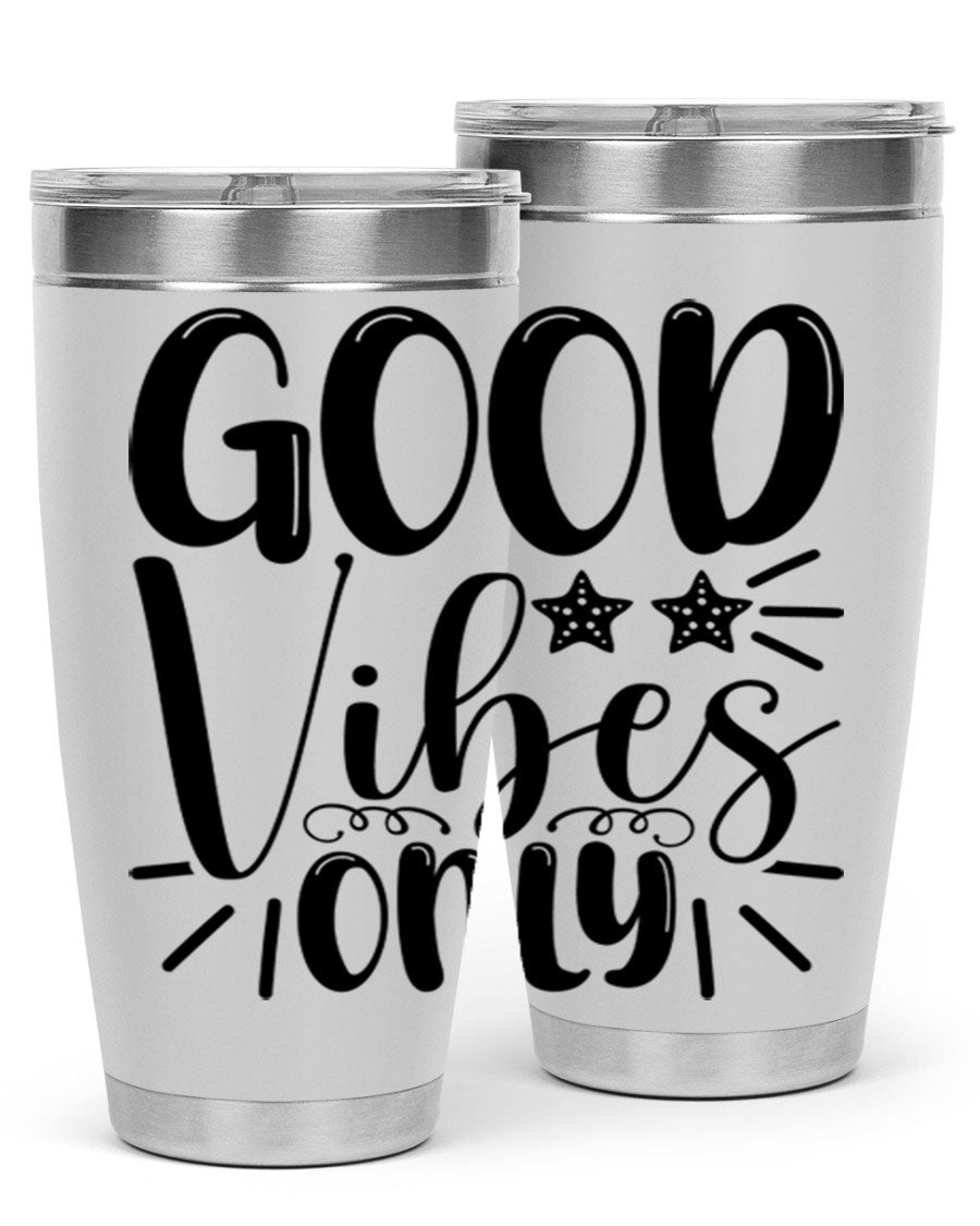 Good Vibes Only 197# Mermaid Tumbler in vibrant colors, showcasing its double wall vacuum design and drink-thru lid.