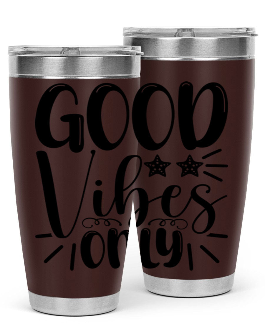 Good Vibes Only 197# Mermaid Tumbler in vibrant colors, showcasing its double wall vacuum design and drink-thru lid.