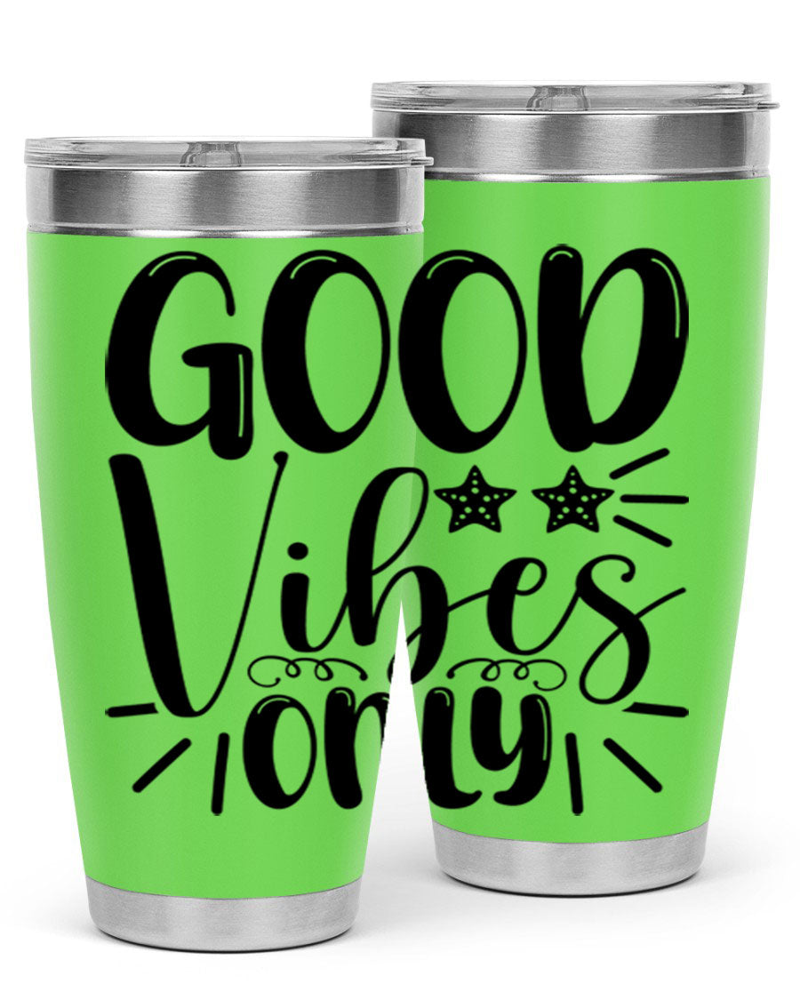 Good Vibes Only 197# Mermaid Tumbler in vibrant colors, showcasing its double wall vacuum design and drink-thru lid.