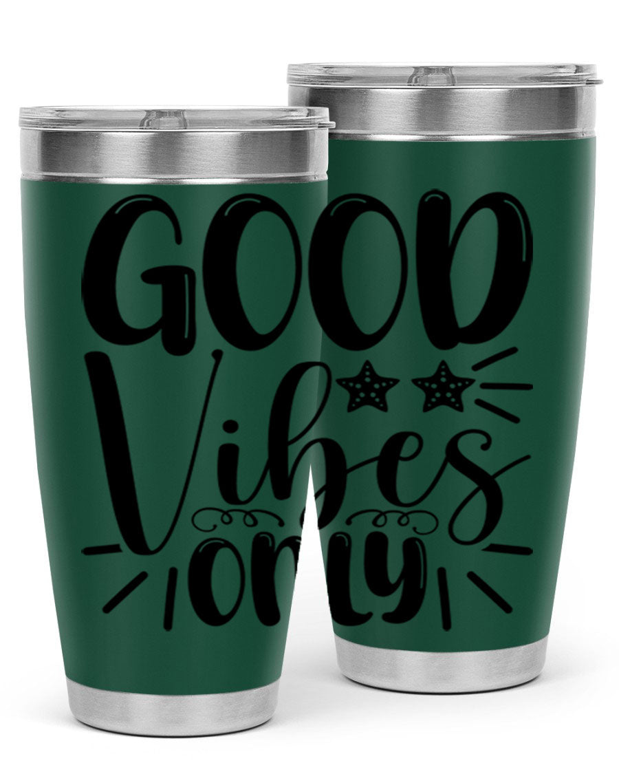 Good Vibes Only 197# Mermaid Tumbler in vibrant colors, showcasing its double wall vacuum design and drink-thru lid.