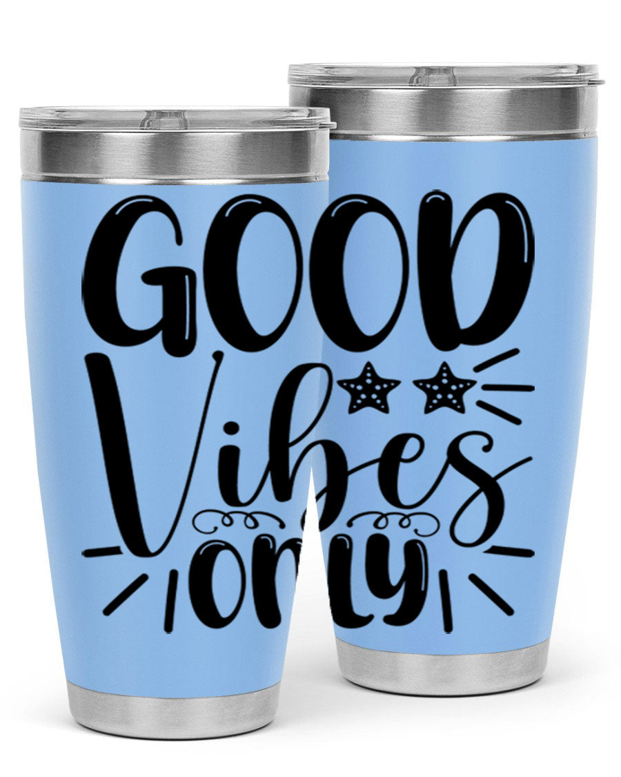 Good Vibes Only 197# Mermaid Tumbler in vibrant colors, showcasing its double wall vacuum design and drink-thru lid.