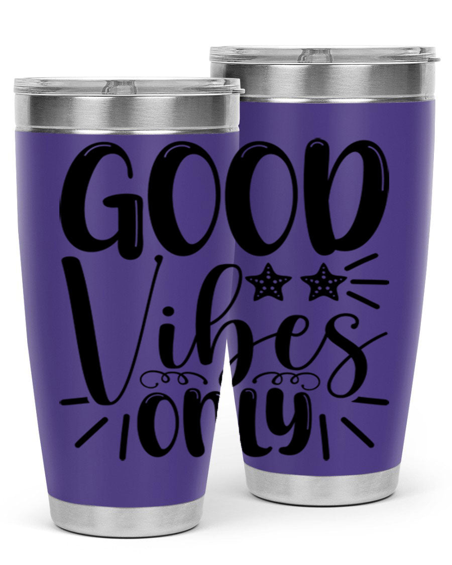 Good Vibes Only 197# Mermaid Tumbler in vibrant colors, showcasing its double wall vacuum design and drink-thru lid.