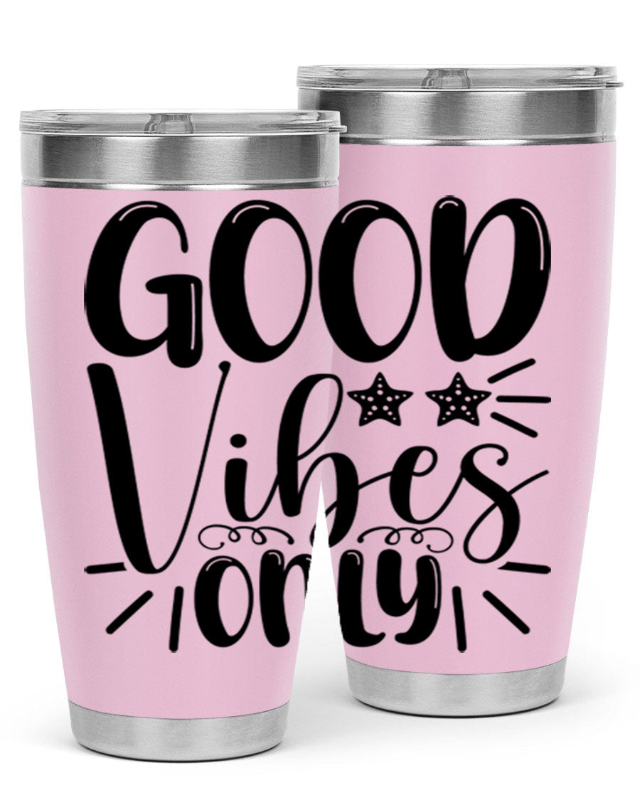 Good Vibes Only 197# Mermaid Tumbler in vibrant colors, showcasing its double wall vacuum design and drink-thru lid.