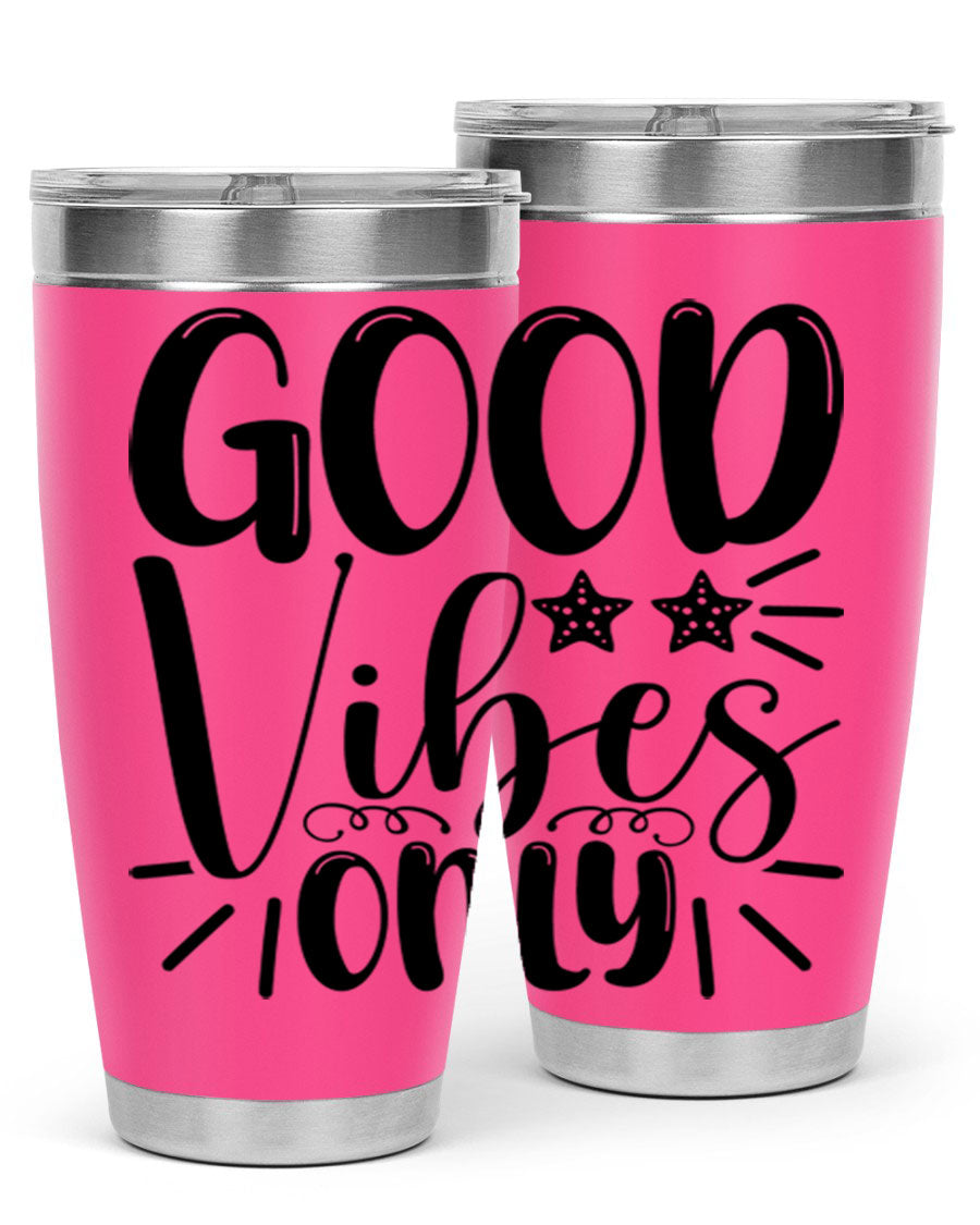 Good Vibes Only 197# Mermaid Tumbler in vibrant colors, showcasing its double wall vacuum design and drink-thru lid.