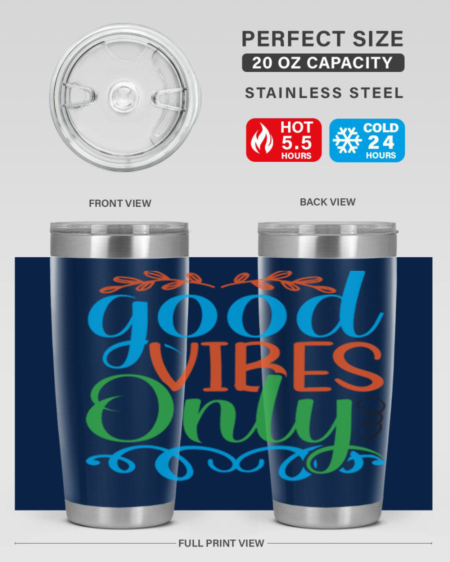 Good Vibes Only 198# Mermaid Tumbler in vibrant colors, showcasing its sleek design and drink-thru lid.