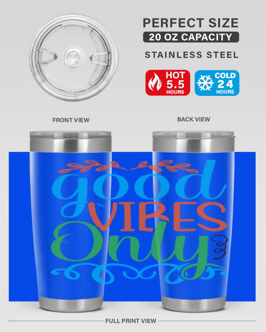 Good Vibes Only 198# Mermaid Tumbler in vibrant colors, showcasing its sleek design and drink-thru lid.