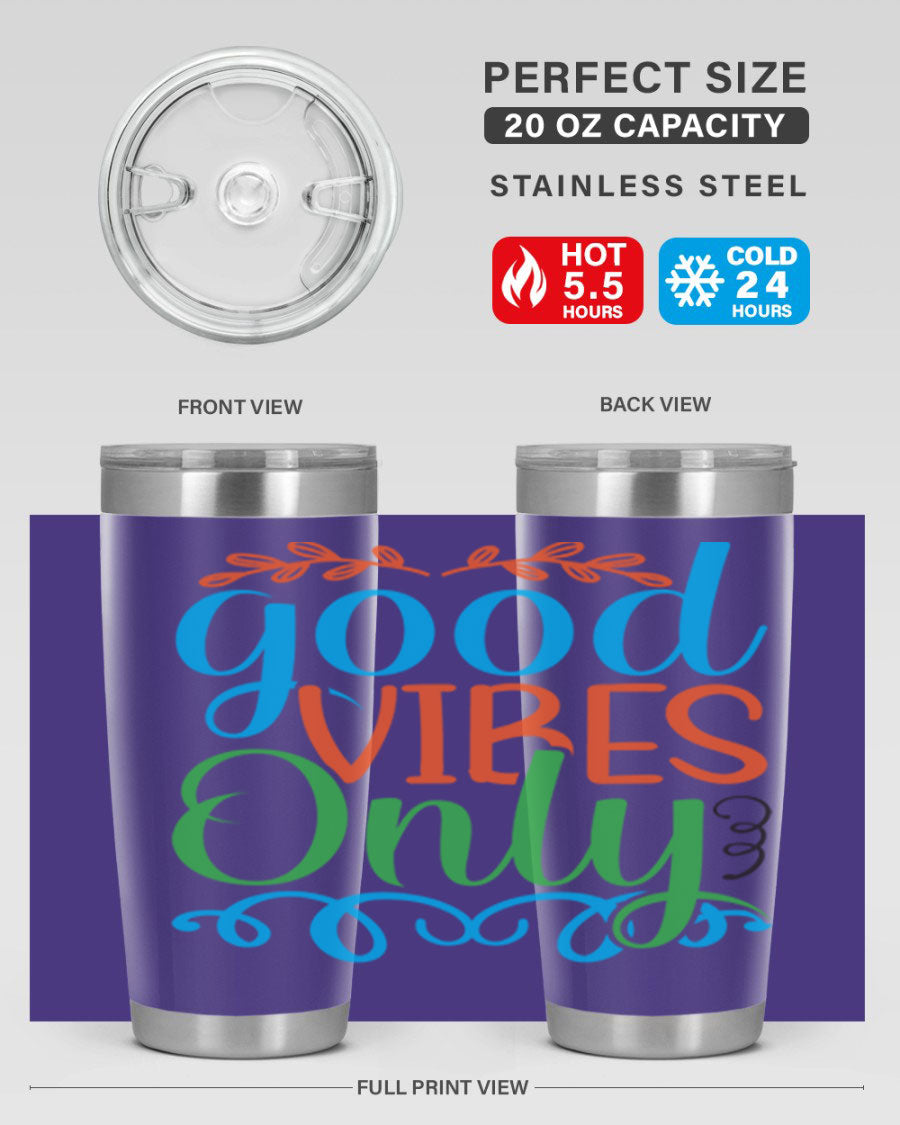 Good Vibes Only 198# Mermaid Tumbler in vibrant colors, showcasing its sleek design and drink-thru lid.