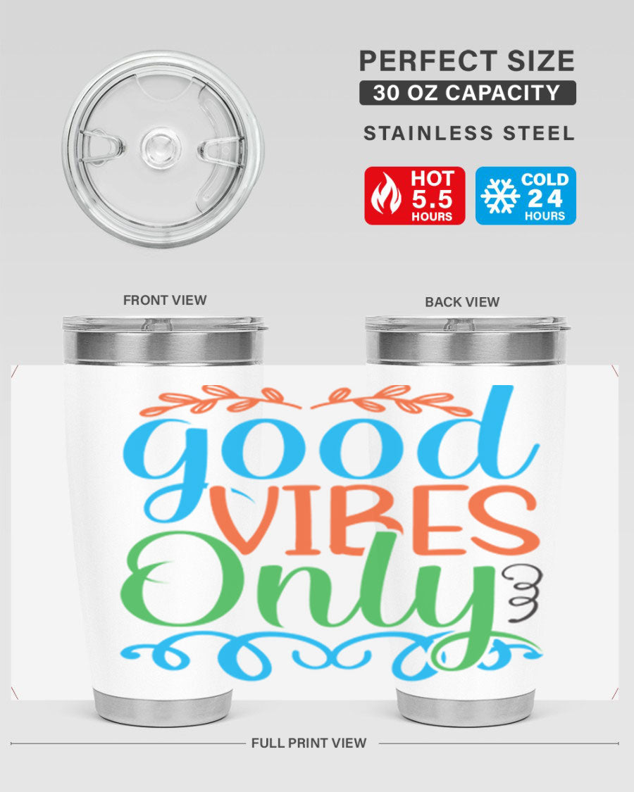 Good Vibes Only 198# Mermaid Tumbler in vibrant colors, showcasing its sleek design and drink-thru lid.