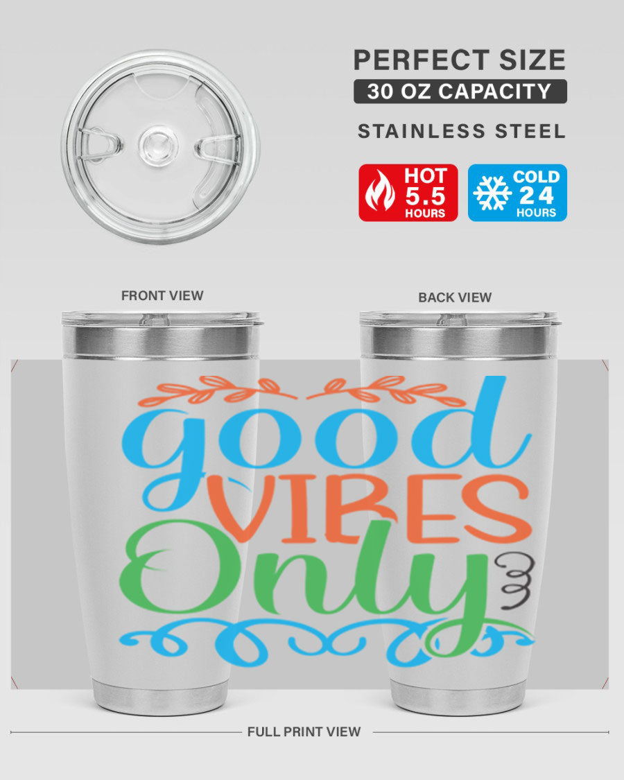 Good Vibes Only 198# Mermaid Tumbler in vibrant colors, showcasing its sleek design and drink-thru lid.