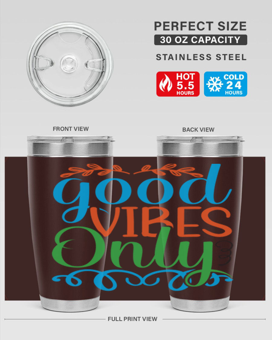 Good Vibes Only 198# Mermaid Tumbler in vibrant colors, showcasing its sleek design and drink-thru lid.