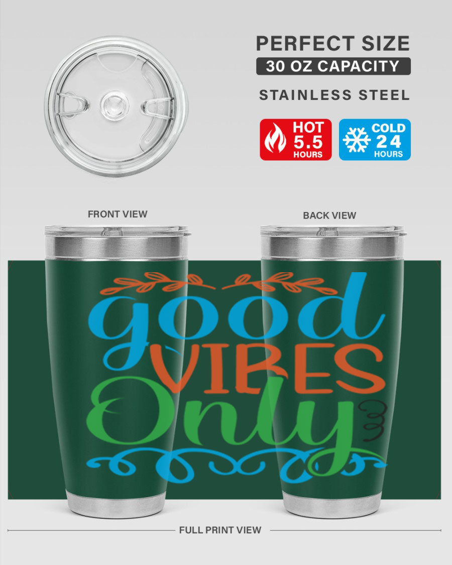 Good Vibes Only 198# Mermaid Tumbler in vibrant colors, showcasing its sleek design and drink-thru lid.