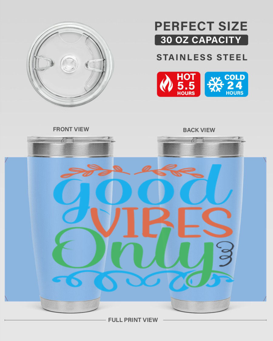 Good Vibes Only 198# Mermaid Tumbler in vibrant colors, showcasing its sleek design and drink-thru lid.