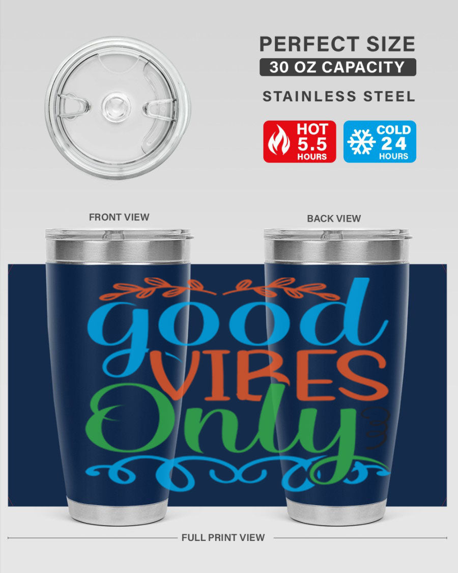Good Vibes Only 198# Mermaid Tumbler in vibrant colors, showcasing its sleek design and drink-thru lid.